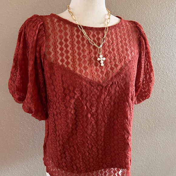 Lace embroidered short puff sleeve blouse - Picture 7 of 8